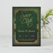 Ouderwetse groene rustieke sprookjesboekcover them save the date (Staand voorkant)