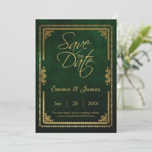 Ouderwetse groene rustieke sprookjesboekcover them save the date (Staand voorkant)