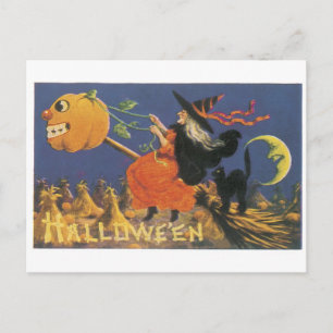 ouderwetse halloween, heks briefkaart