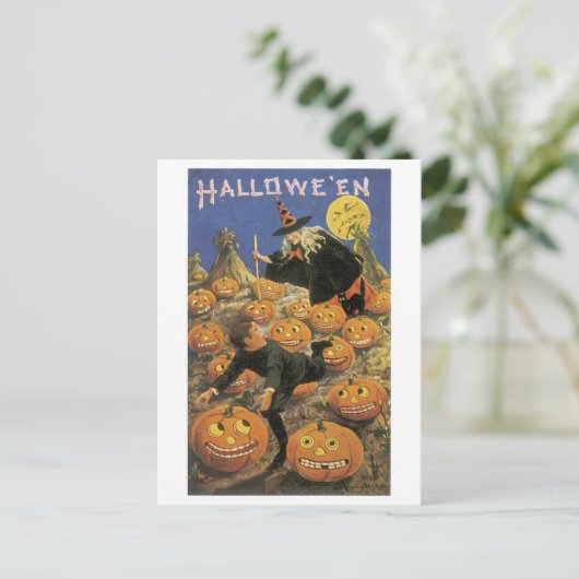 ouderwetse halloween, heks briefkaart (Staand voorkant)