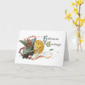 ouderwetse halloween, heks & Jack-o'-lantaarn Kaart (Gele Bloem)