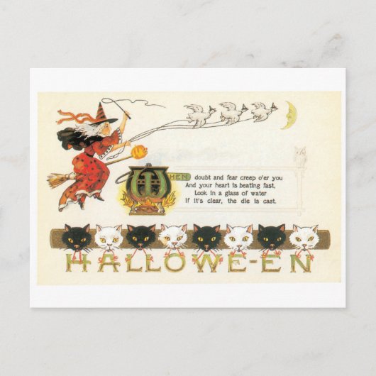 ouderwetse halloween, heks & katten briefkaart (Voorkant)