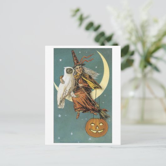 ouderwetse Halloween, heks met Owl Briefkaart (Staand voorkant)