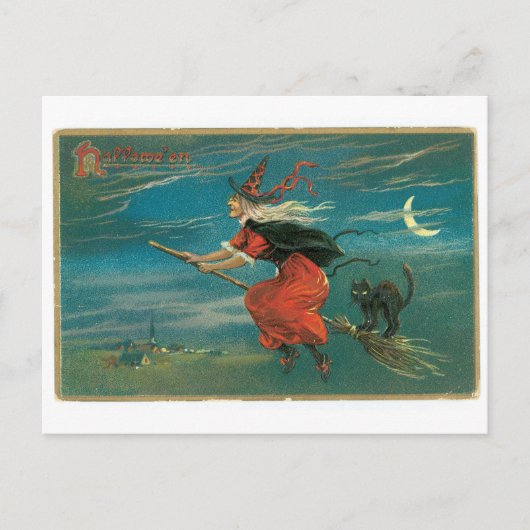 ouderwetse Halloween, heks met zwarte kat Briefkaart (Voorkant)
