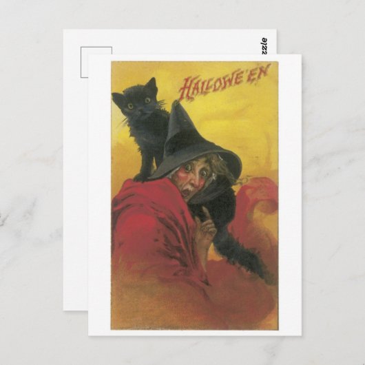 ouderwetse halloween, heks met zwarte kat briefkaart (Voorkant / Achterkant)