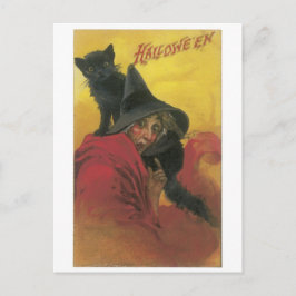 ouderwetse halloween, heks met zwarte kat briefkaart