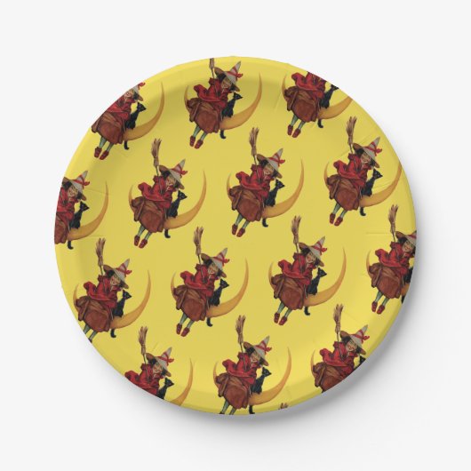 ouderwetse halloween, heks met zwarte kat papieren bordje (Voorkant)