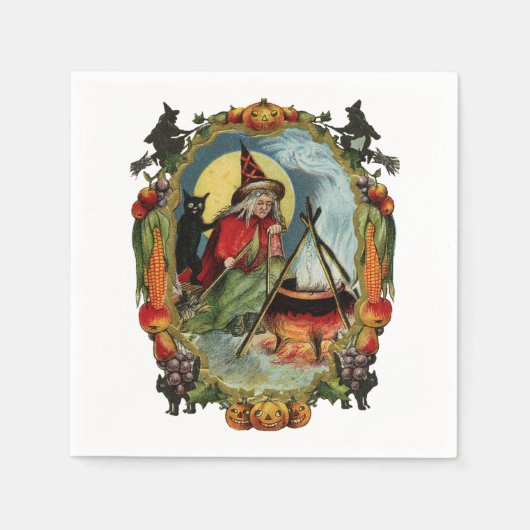 ouderwetse halloween, heks met zwarte kat servet (Voorkant)