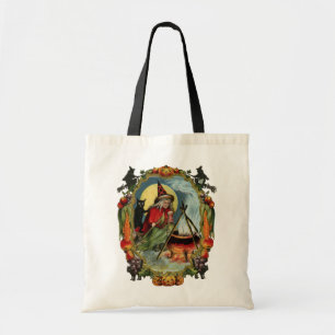 ouderwetse halloween, heks met zwarte kat tote bag