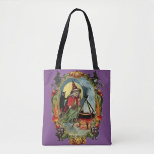 ouderwetse halloween, heks met zwarte kat tote bag