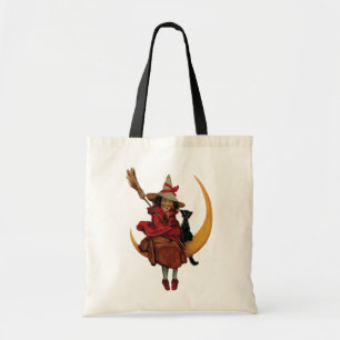 ouderwetse halloween, heks met zwarte kat tote bag