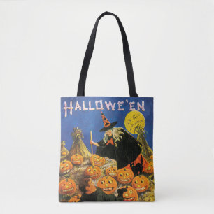 ouderwetse halloween, heks & pompoenen tote bag