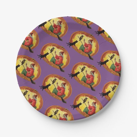 ouderwetse halloween, heks, zwarte kat & oorts papieren bordje (Voorkant)