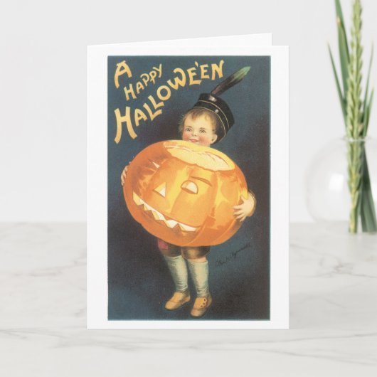 ouderwetse Halloween, jongen die Pumpkin vasthoudt Kaart (Voorkant)