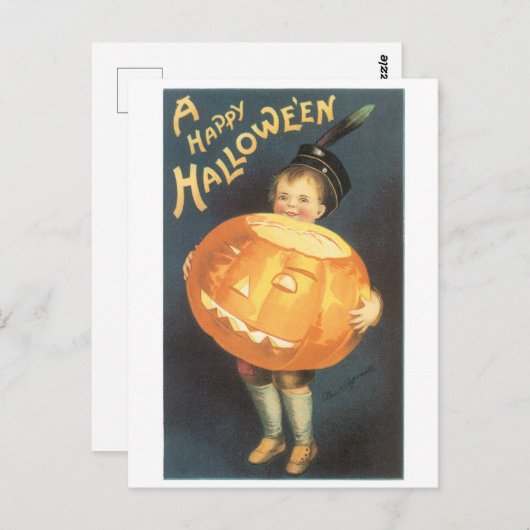 ouderwetse Halloween, jongen met pompoen Briefkaart (Voorkant / Achterkant)