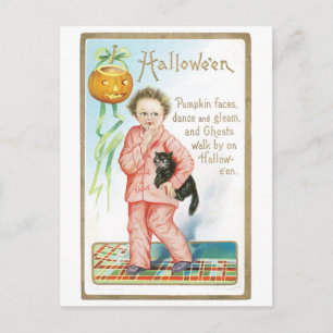 ouderwetse Halloween, jongen met zwarte kat Briefkaart