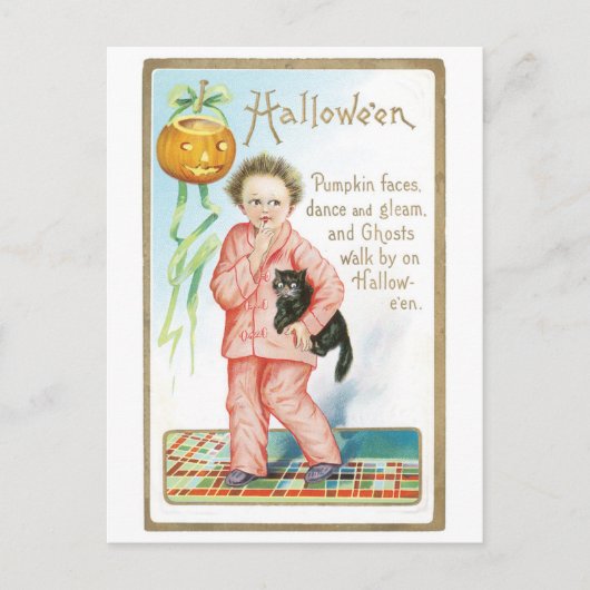 ouderwetse Halloween, jongen met zwarte kat Briefkaart (Voorkant)