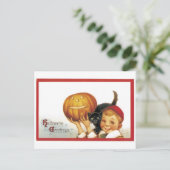 ouderwetse Halloween, jongen met zwarte kat Briefkaart (Staand voorkant)