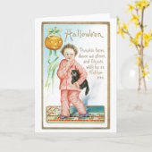 ouderwetse Halloween, jongen met zwarte kat Kaart (Gele Bloem)