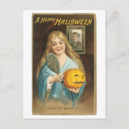 ouderwetse halloween, meisje met handspiegel briefkaart