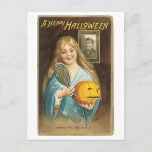 ouderwetse halloween, meisje met handspiegel briefkaart