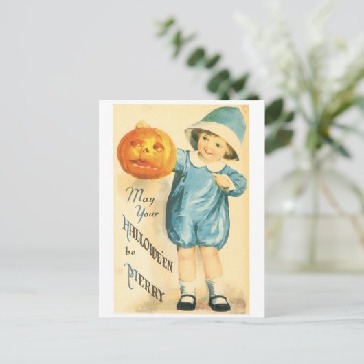 ouderwetse halloween, meisje met pompoen briefkaart (Staand voorkant)