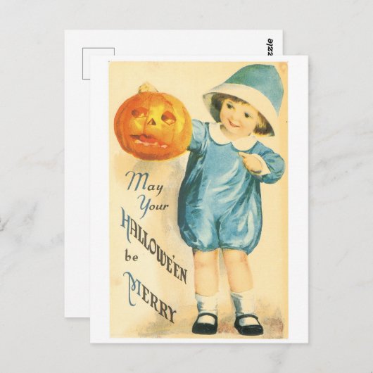 ouderwetse halloween, meisje met pompoen briefkaart (Voorkant / Achterkant)