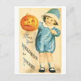 ouderwetse halloween, meisje met pompoen briefkaart