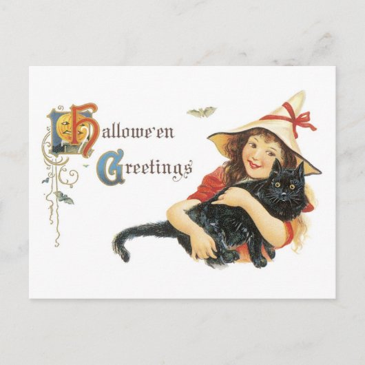 ouderwetse halloween, meisje met zwarte kat briefkaart (Voorkant)