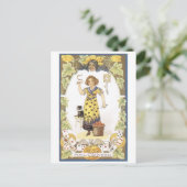 ouderwetse halloween, meisje met zwarte kat briefkaart (Staand voorkant)