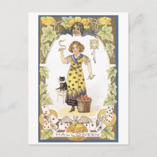 ouderwetse halloween, meisje met zwarte kat briefkaart (Voorkant)
