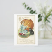 ouderwetse halloween, meisje met zwarte kat briefkaart (Staand voorkant)