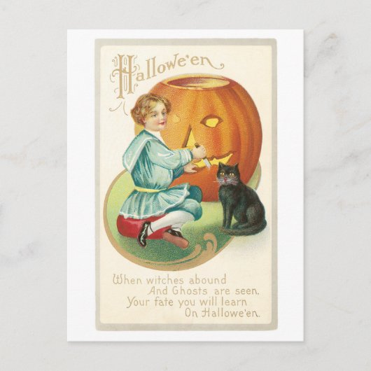 ouderwetse halloween, meisje met zwarte kat briefkaart (Voorkant)