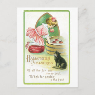 Ouderwetse Halloween, meisje & zwarte kat Briefkaart