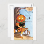 ouderwetse halloween, pompoenmeisje, zwarte kat briefkaart (Voorkant / Achterkant)