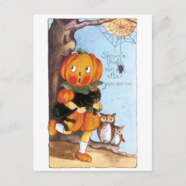 ouderwetse halloween, pompoenmeisje, zwarte kat briefkaart