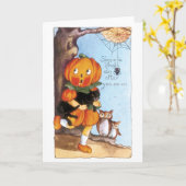 ouderwetse halloween, pompoenmeisje, zwarte kat kaart (Gele Bloem)