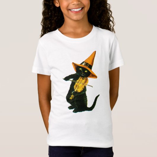 ouderwetse Halloween, witch cat die Violin speelt T-shirt (Voorkant)
