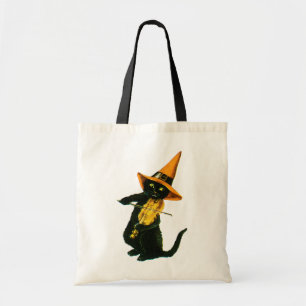ouderwetse Halloween, witch cat die Violin speelt Tote Bag