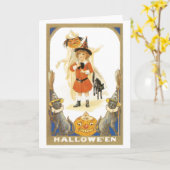 ouderwetse Halloween, witch girl Kaart (Gele Bloem)
