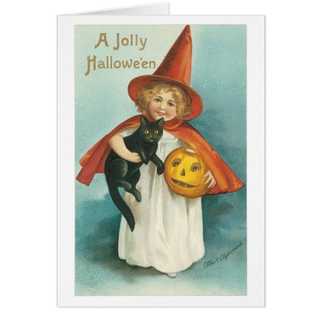 ouderwetse Halloween, witch girl met zwarte kat (Voorkant)