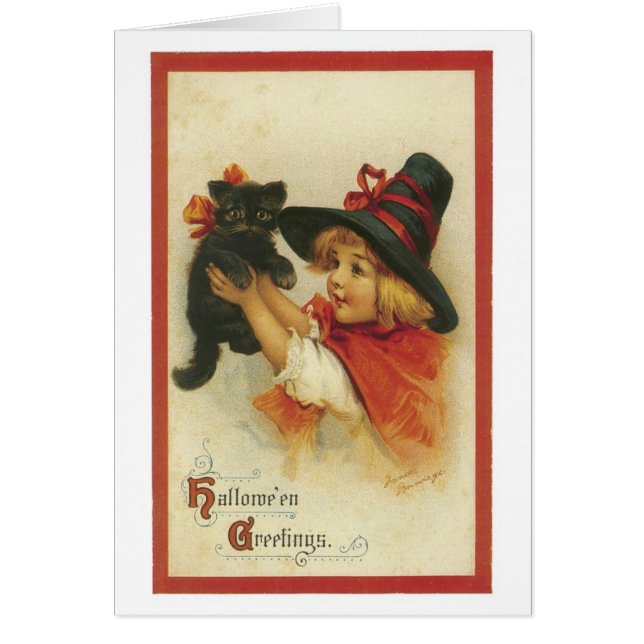 ouderwetse Halloween, witch girl met zwarte kat (Voorkant)