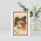 ouderwetse Halloween, witch girl met zwarte kat Briefkaart (Staand voorkant)