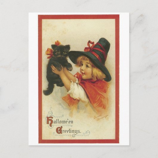 ouderwetse Halloween, witch girl met zwarte kat Briefkaart (Voorkant)