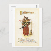 ouderwetse Halloween, witch girl met zwarte kat Briefkaart (Voorkant / Achterkant)