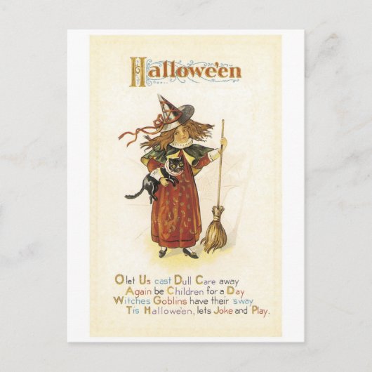 ouderwetse Halloween, witch girl met zwarte kat Briefkaart (Voorkant)