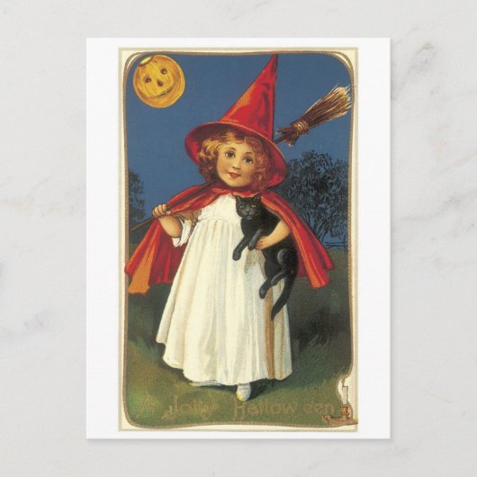 ouderwetse Halloween, witch girl met zwarte kat Briefkaart (Voorkant)