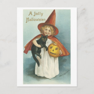 ouderwetse Halloween, witch girl met zwarte kat Briefkaart