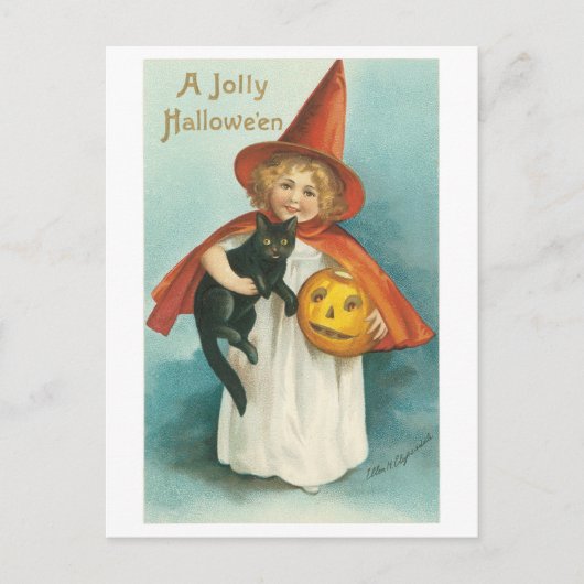 ouderwetse Halloween, witch girl met zwarte kat Briefkaart (Voorkant)