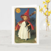 ouderwetse Halloween, witch girl met zwarte kat Kaart (Gele Bloem)